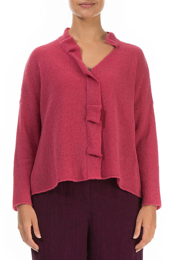 Frilled Neck Berry Rose Wool Cardigan 1