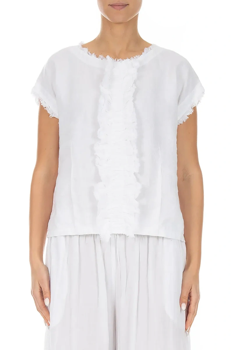 Front Ruffle White Linen Blouse 1