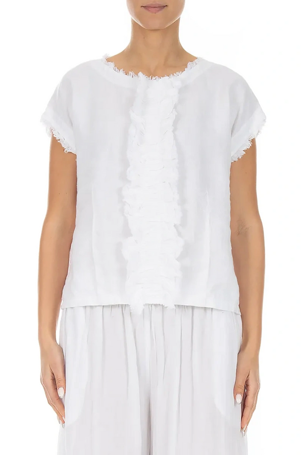 Front Ruffle White Linen Blouse 1