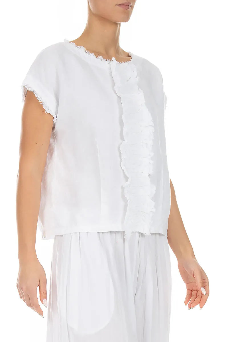 Front Ruffle White Linen Blouse 3