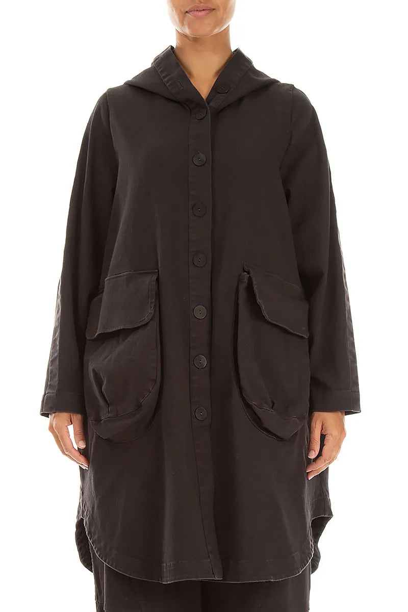 Hooded Charcoal Stretch Cotton Coat 1