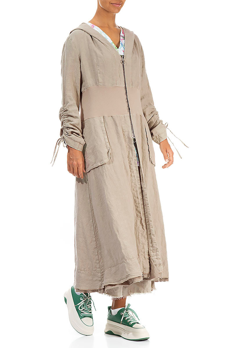 Hooded Gathered Sleeves Beige Linen Jacket 4