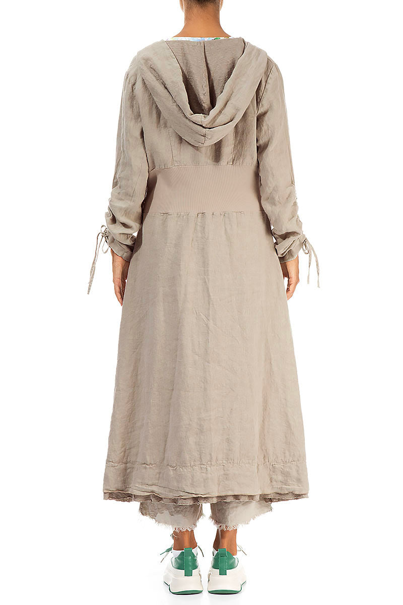 Hooded Gathered Sleeves Beige Linen Jacket 3
