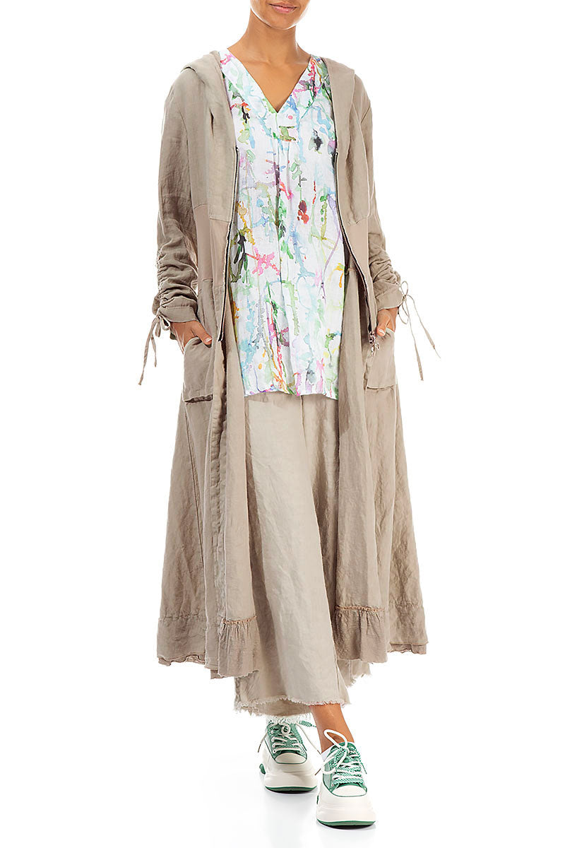 Hooded Gathered Sleeves Beige Linen Jacket 5