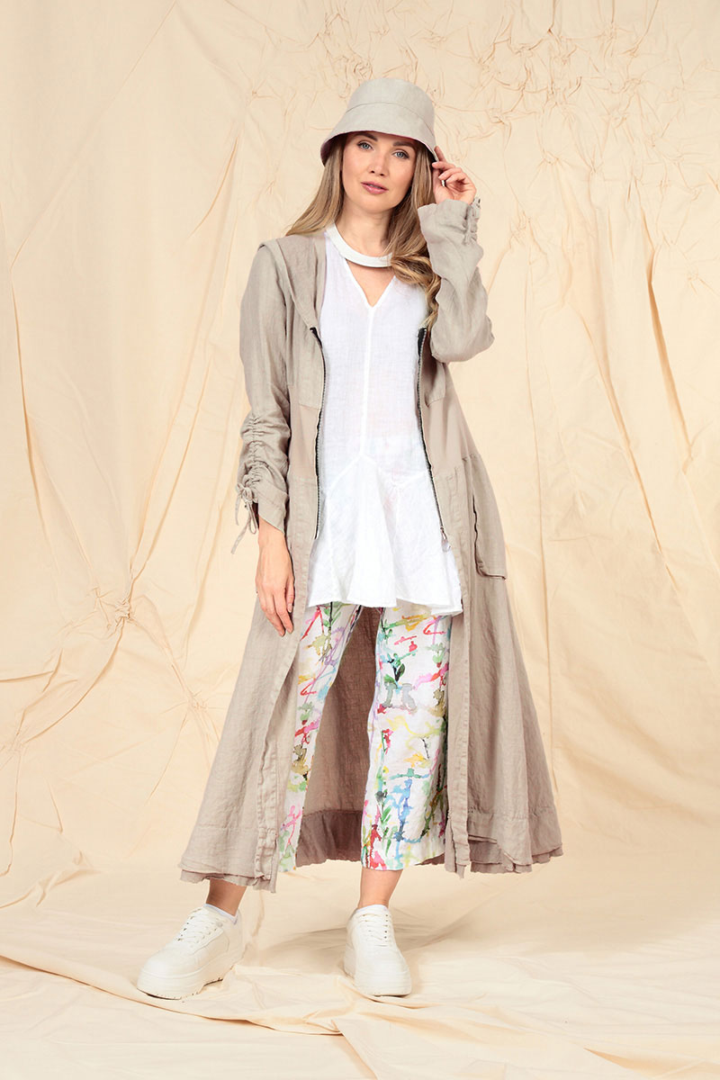 Hooded Gathered Sleeves Beige Linen Jacket 1