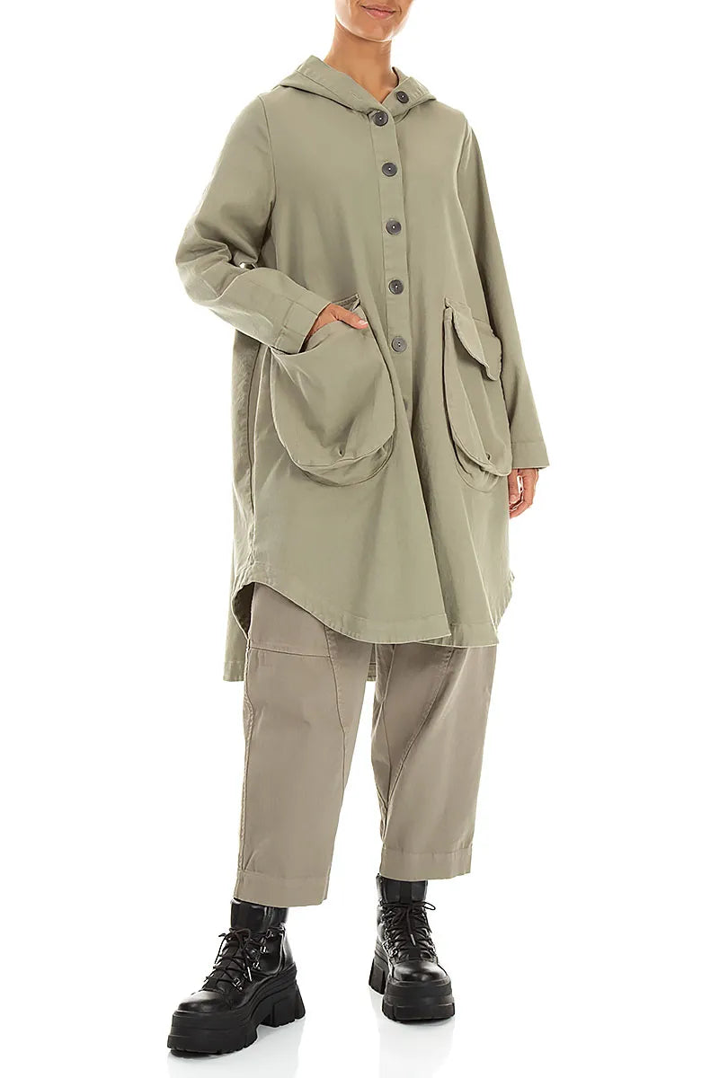 Hooded Olive Grey Stretch Cotton Coat 4