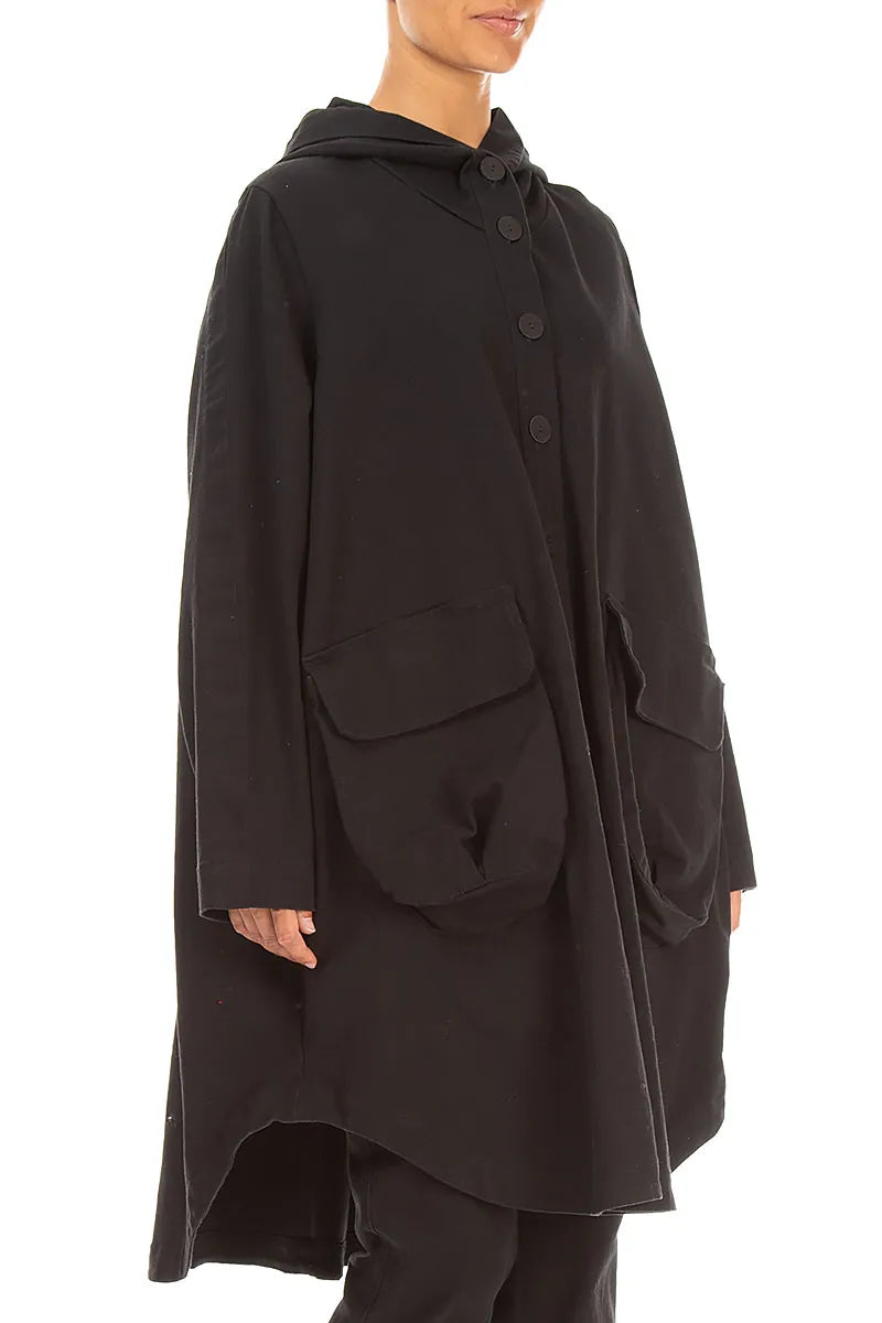 Hooded Black Stretch Cotton Coat 3