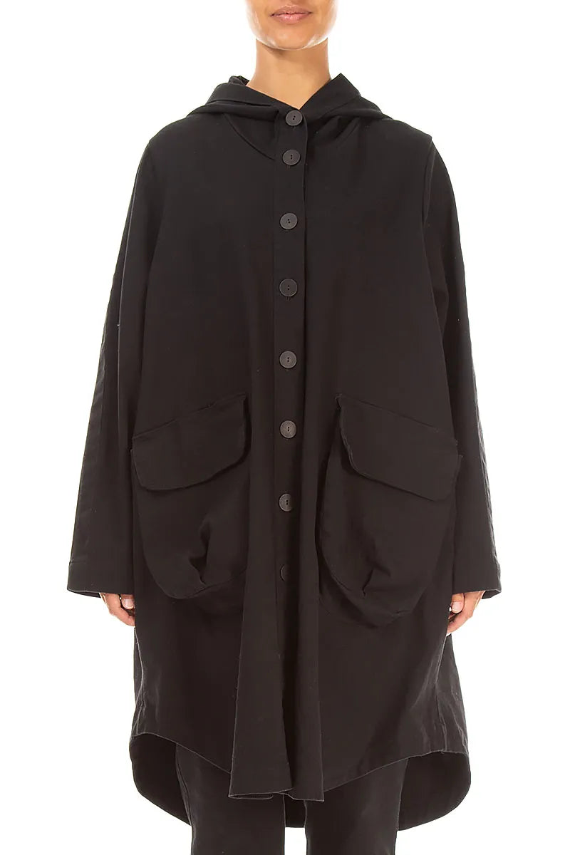 Hooded Black Stretch Cotton Coat 1