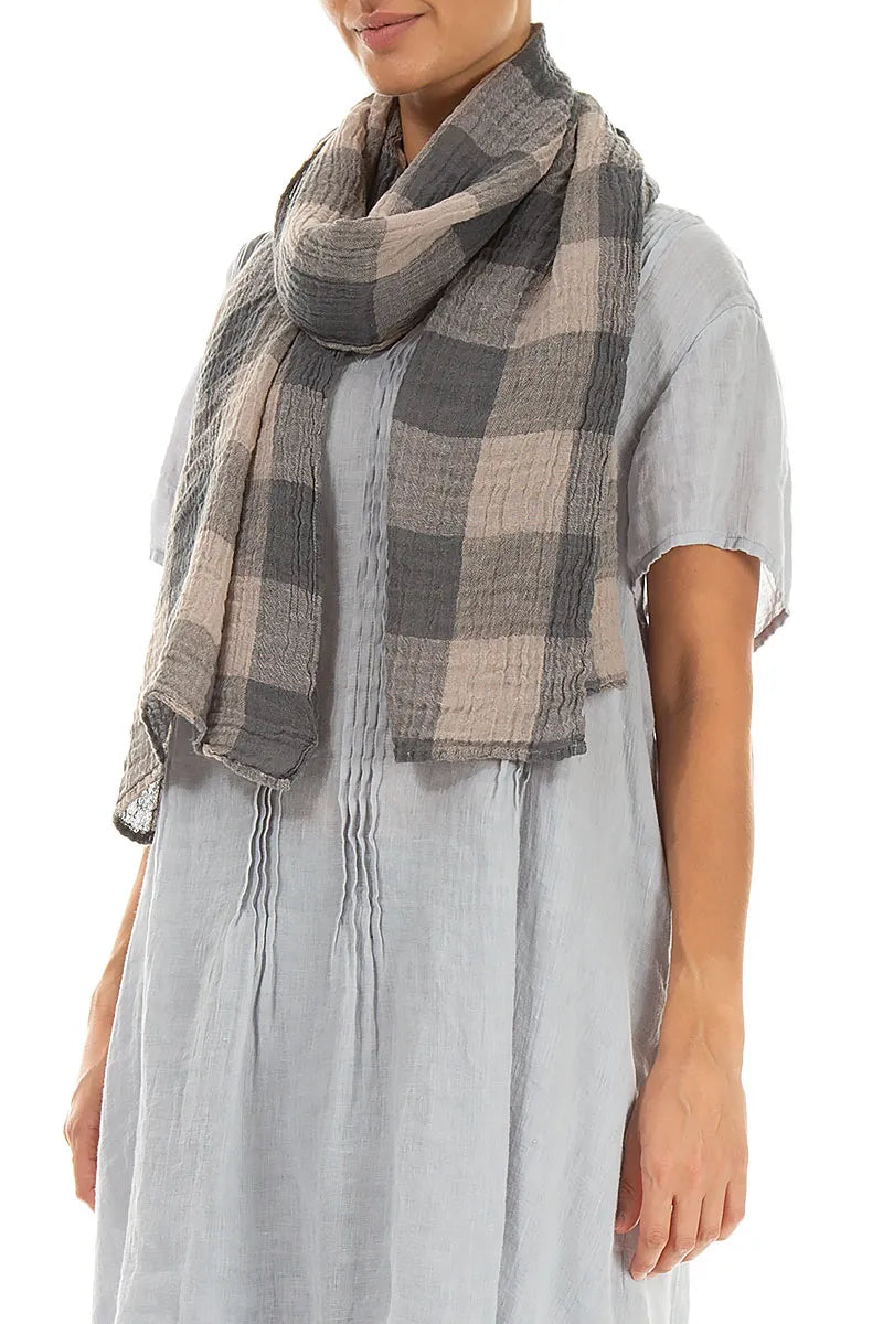 Large Check Beige Gauze Linen Scarf 3