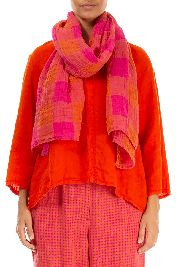 Large Check Pink Orange Gauze Linen Scarf 1