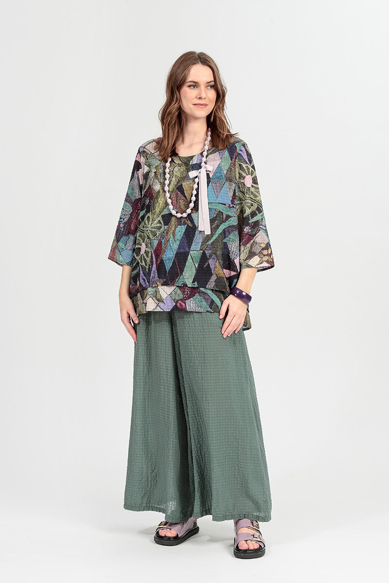 Layered 3/4 Sleeves Art Mosaic Textured Silk Blouse 7