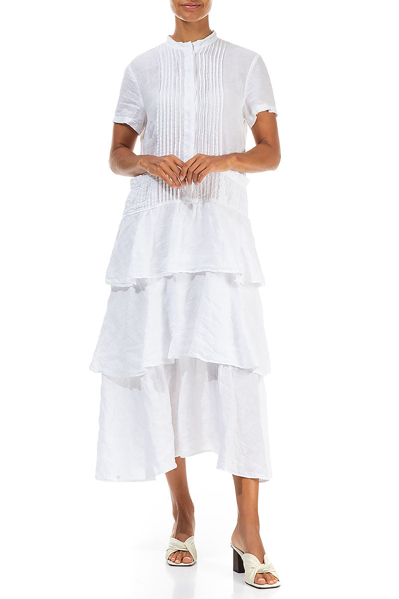 Layered Ruffles White Linen Dress 5
