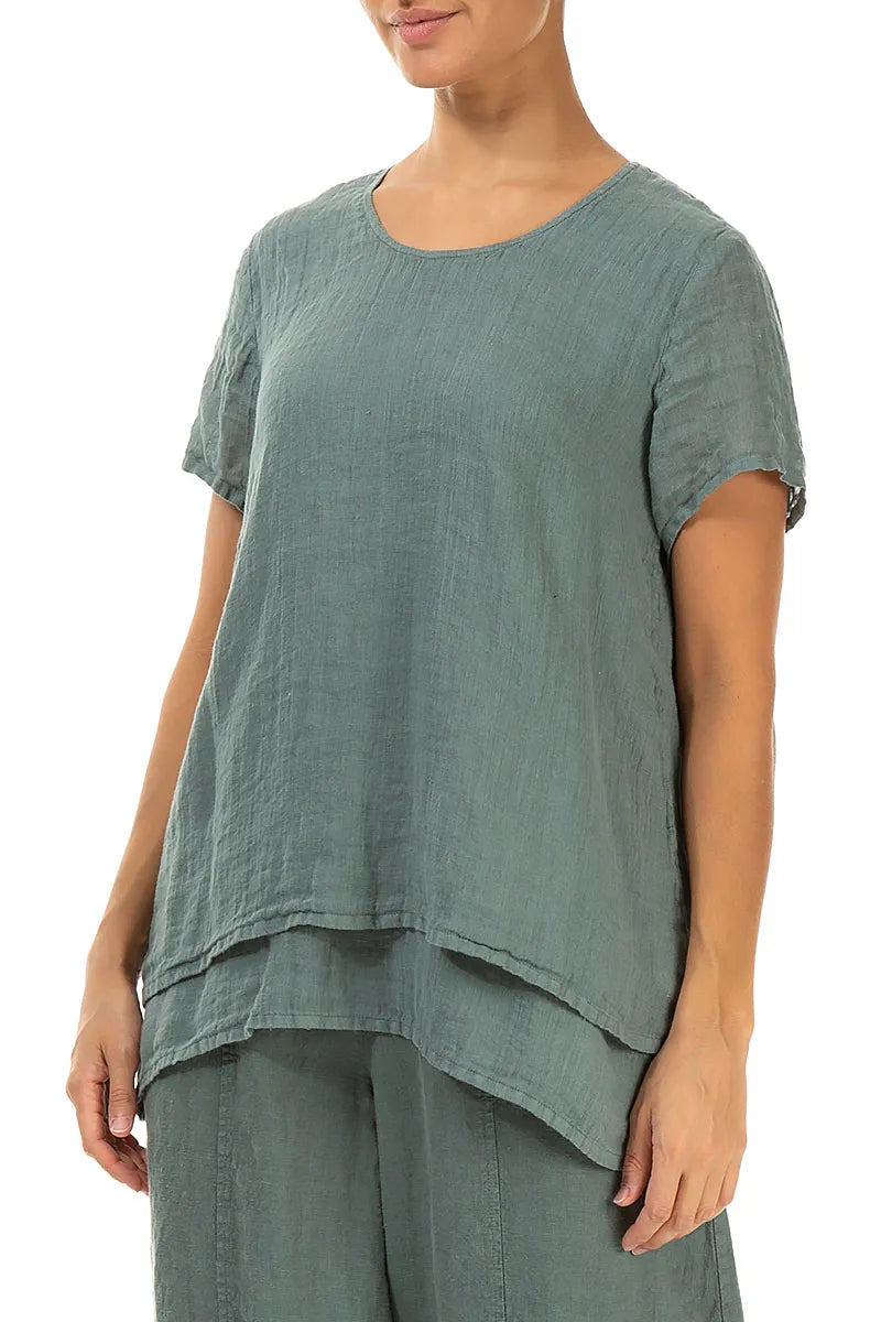 Layered Short Sleeves Sage Gauze Linen Blouse 3