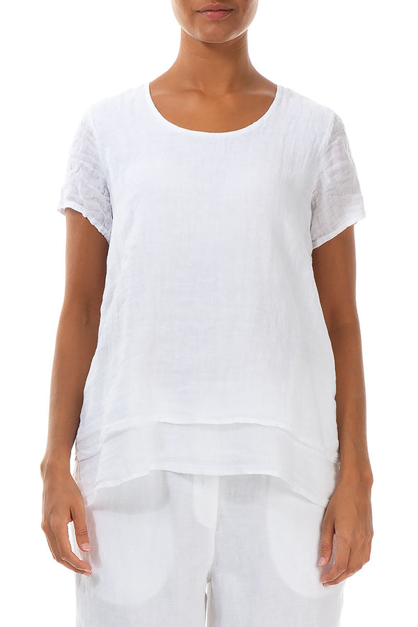 Layered Short Sleeves White Gauze Linen Blouse 1
