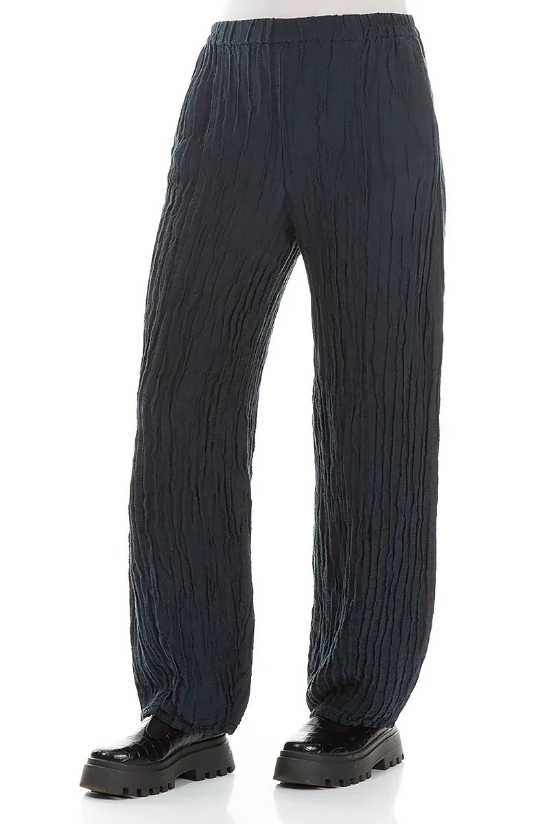 Lange Crinkle-Hosen in Dunkelmarineblau