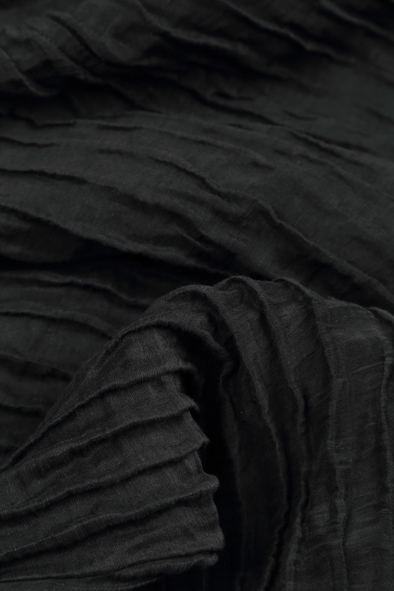 Long Sleeve Balloon Crinkled Black Silk Linen Dress