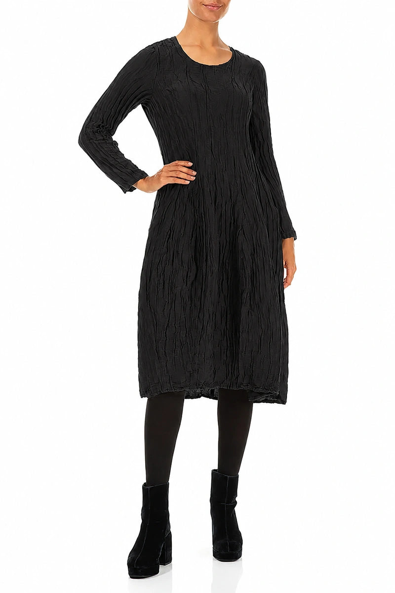 Long Sleeve Balloon Crinkled Black Silk Linen Dress