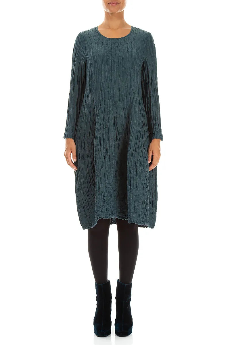 Long Sleeve Balloon Crinkled Deep Turquoise Silk Linen Dress 1