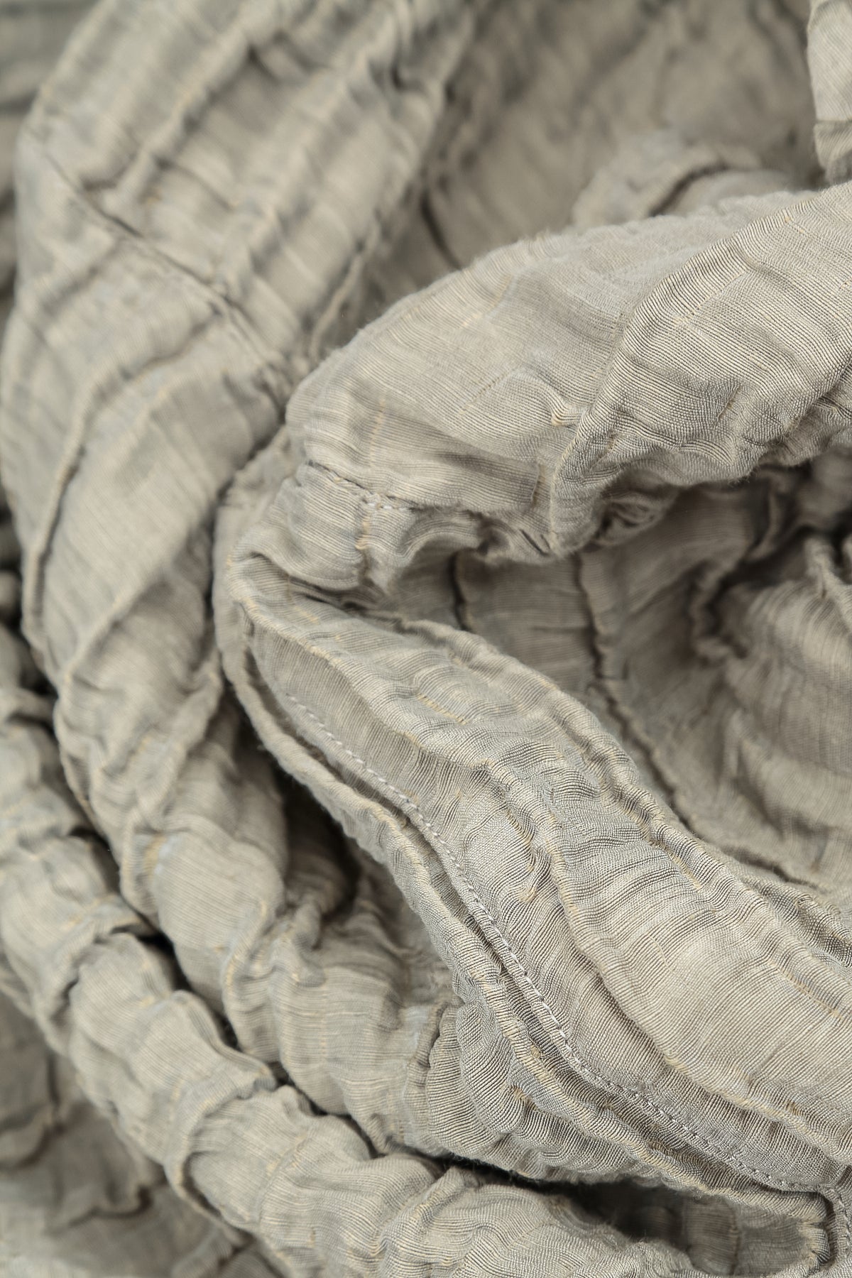 Long Sleeve Balloon Crinkled Olive Grey Silk Linen Dress