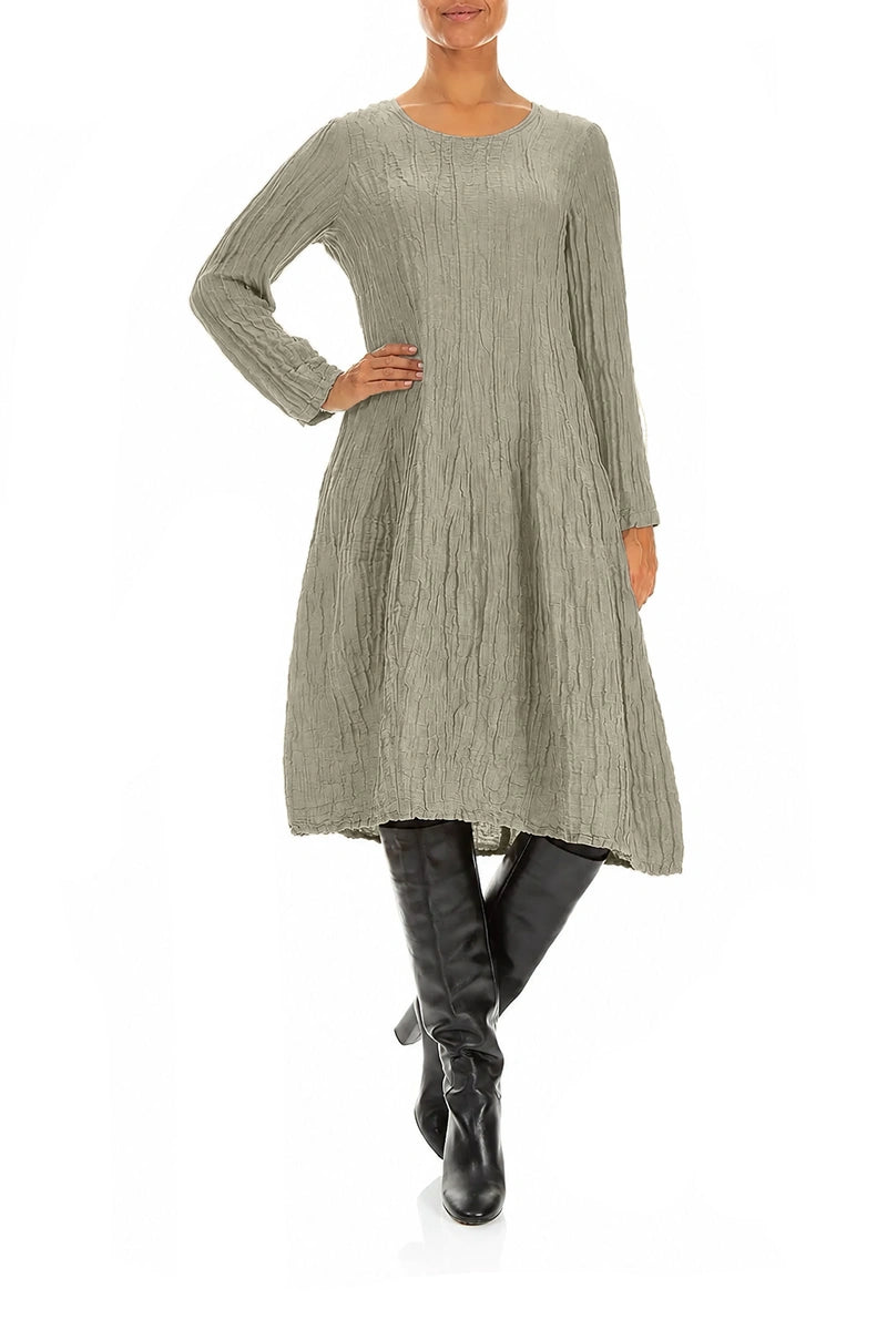 Long Sleeve Balloon Crinkled Olive Grey Silk Linen Dress