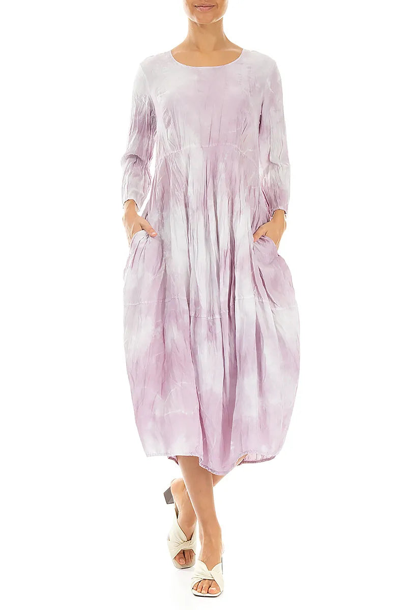 Long Sleeve Balloon Liquid Lilac Crumpled Silk Dress 4
