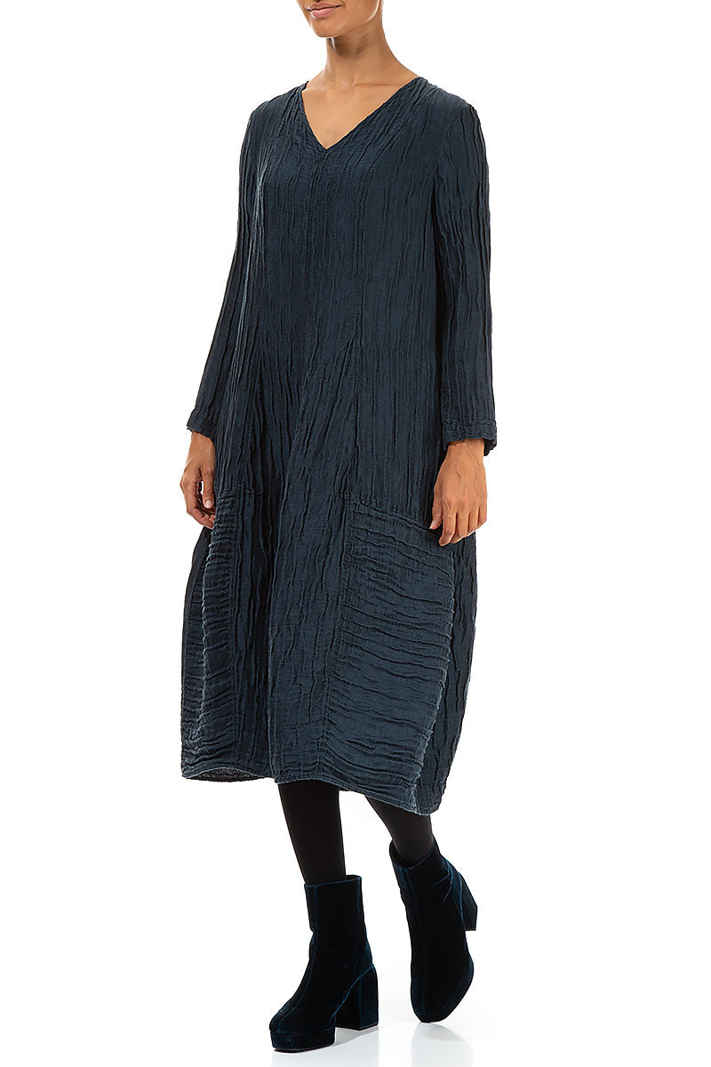 Long Sleeves V-Neck Crinkled Midnight Blue Silk Dress 3