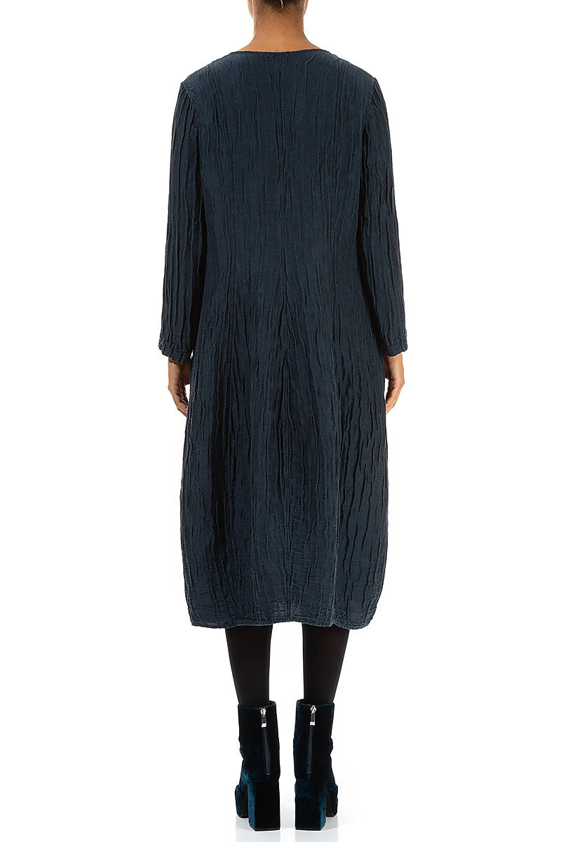 Long Sleeves V-Neck Crinkled Midnight Blue Silk Dress 2