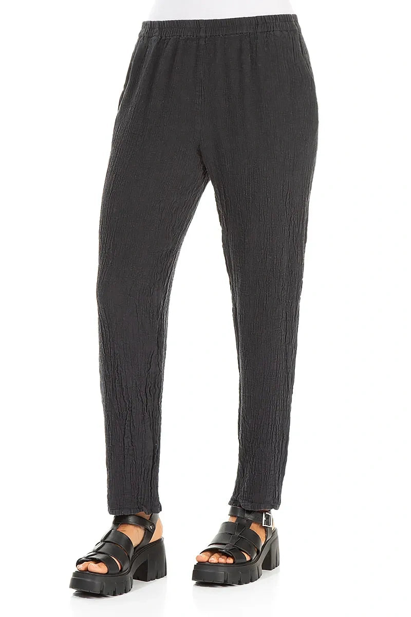 Long Tapered Graphite Linen Viscose Trousers 4
