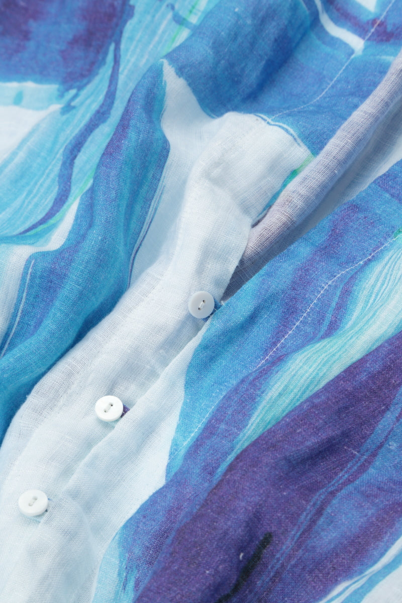 Longer Back Blue Brushstroke Linen Shirt 5