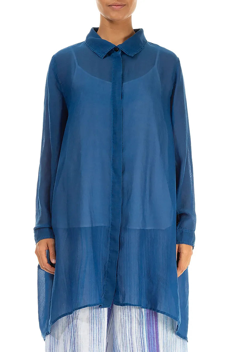 Longer Back Cobalt Blue Silk Cotton Shirt 1