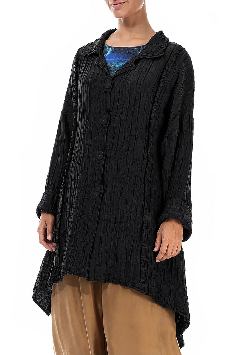 Longer Back Crinkled Black Silk Linen Jacket 3