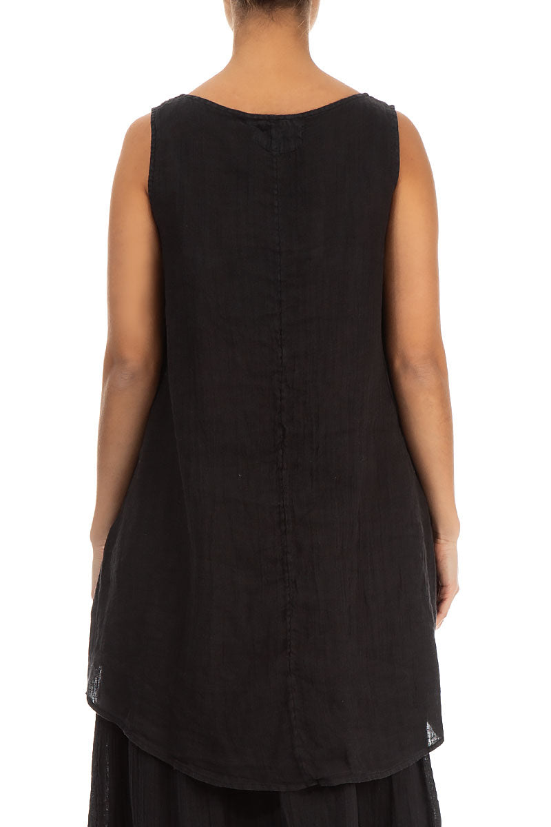 Longer Back Sleeveless Black Gauze Linen Blouse 2