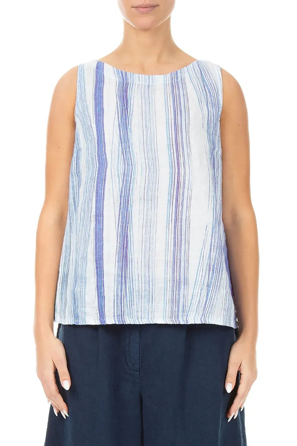 Longer Back Sleeveless Blue Wash Stripe Linen Top 1