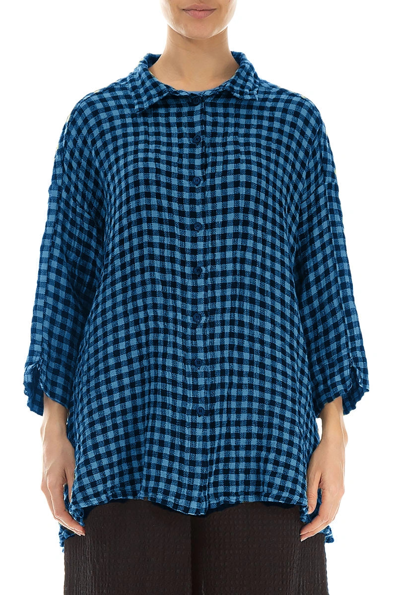 Loose Blue Check Linen Shirt 1
