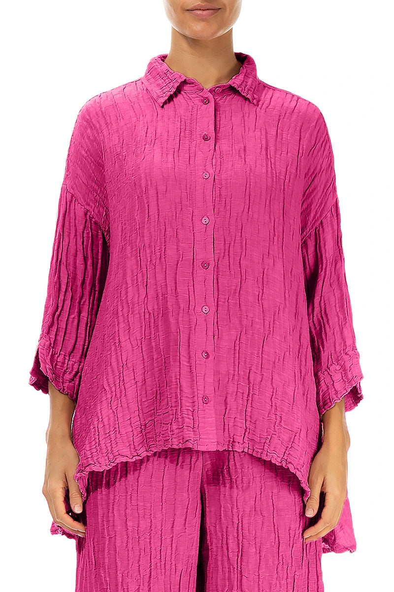 Loose Crinkled Fuchsia Silk Linen Shirt 1