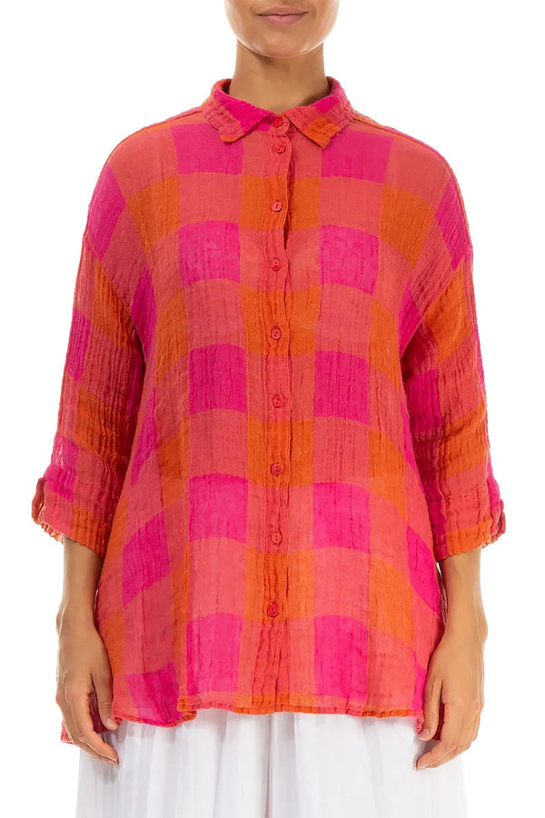 Loose Large Check Pink Orange Gauze Linen Shirt 1