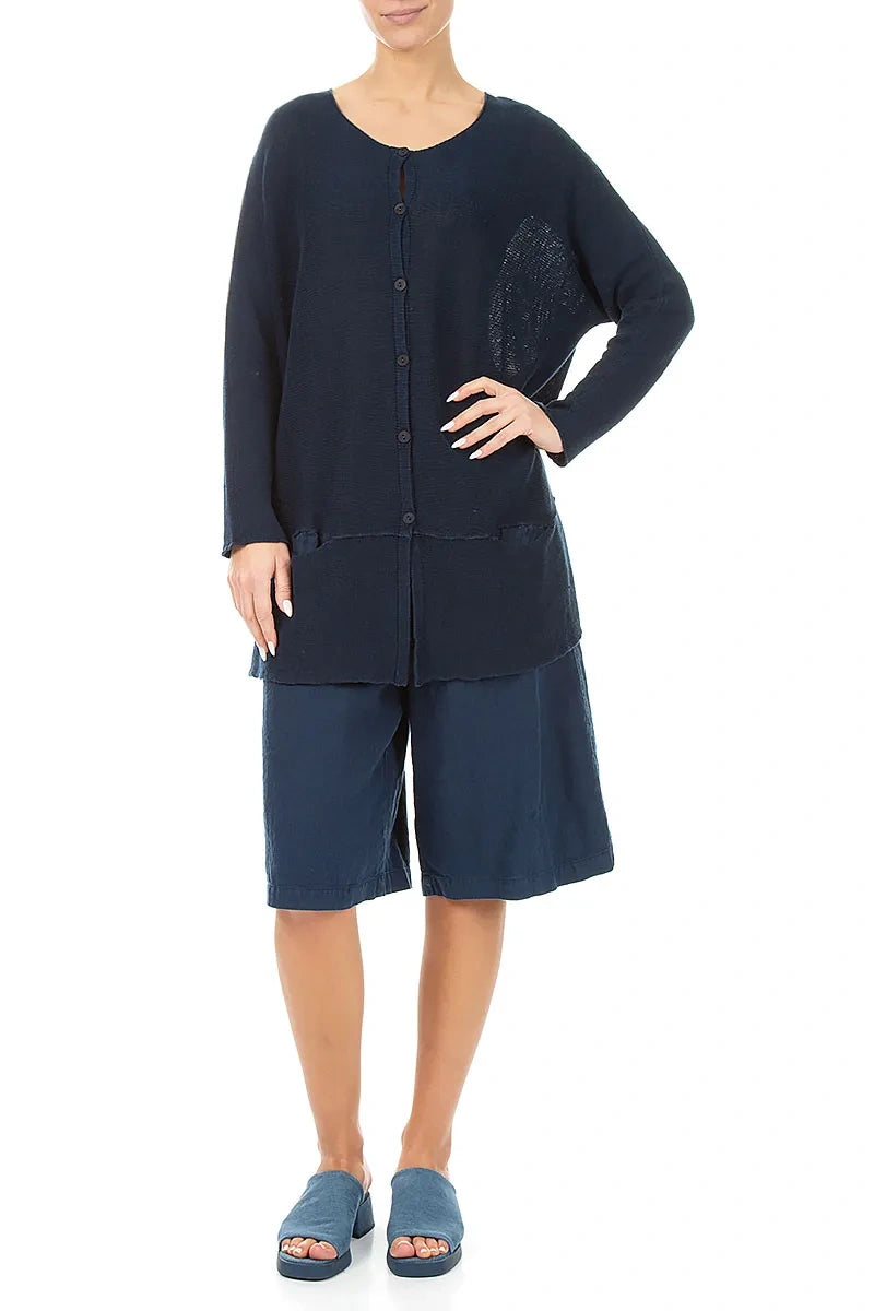 Loose Two Pockets Navy Linen Cardigan 4