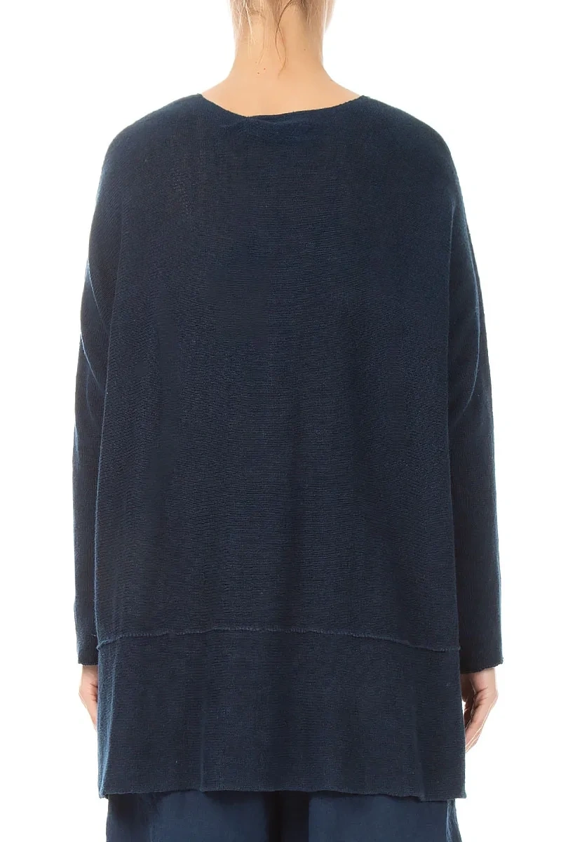 Loose Two Pockets Navy Linen Cardigan 2