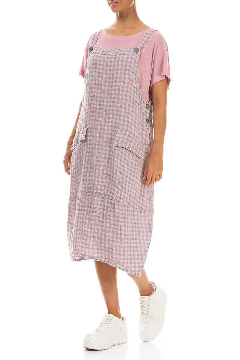 Pink Check Linen Dungaree Dress 3