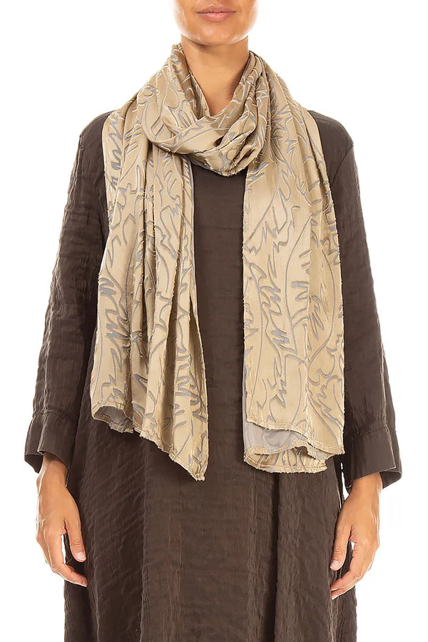 Olive Devoré Feather Silk Scarf 1