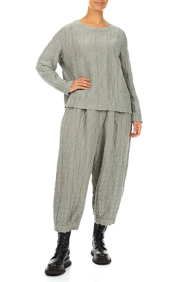 Olive Grey Pleated Silk Linen Blouse 4