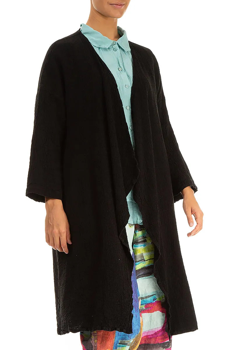 Open Front Black Linen Viscose Jacket 4