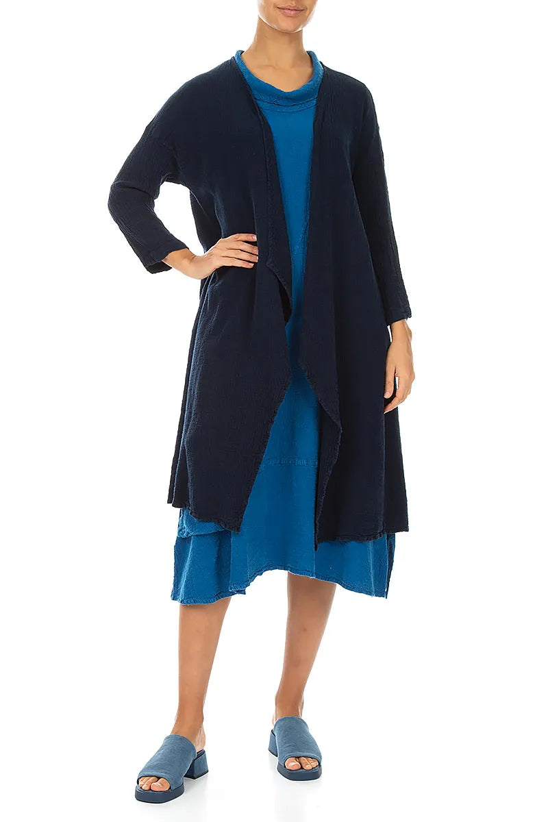 Open Front Navy Linen Viscose Jacket 4