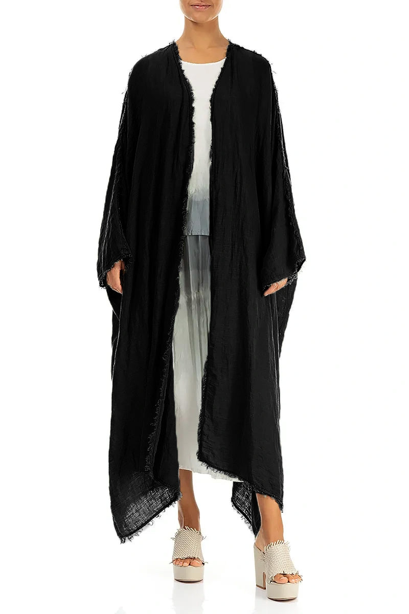Oversized Raw Edge Black Gauze Linen Jacket 4