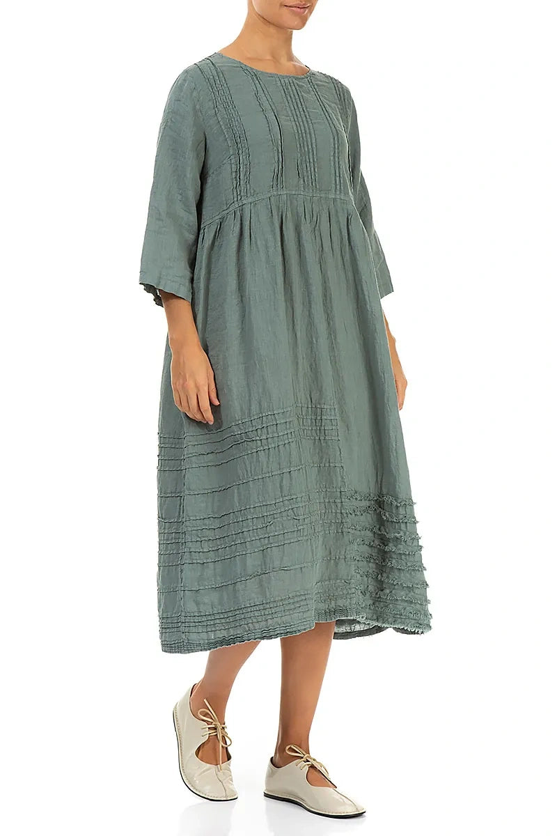 Pin Tucks Frayed Hem Sage Linen Dress 3