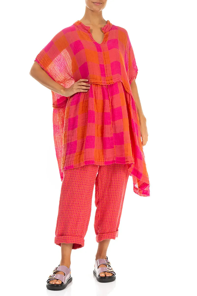 Roll Up Pink Orange Check Linen Trousers 4