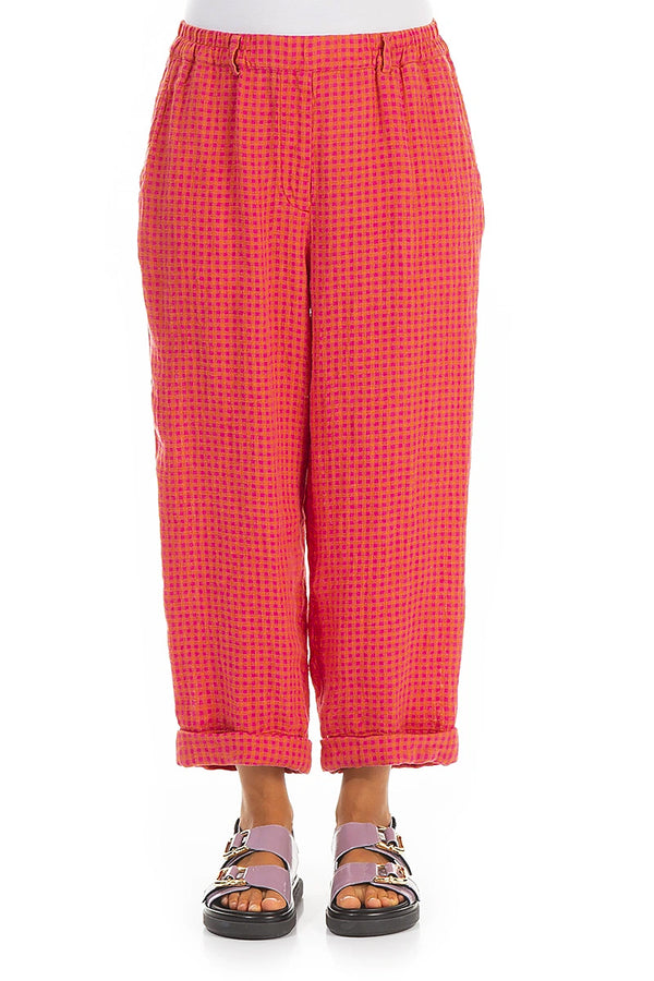 Roll Up Pink Orange Check Linen Trousers 1