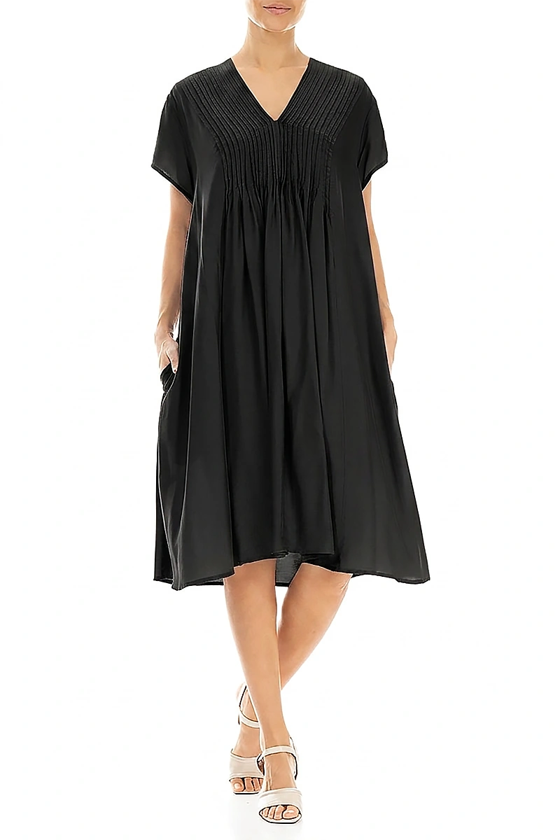 Romantic Front Tucks Black Silk Bamboo Dress 4