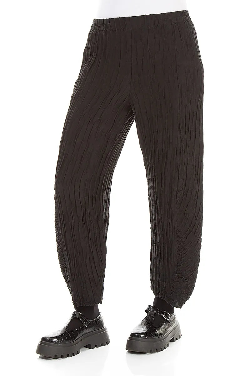 Ruched Hem Black Crinkled Silk Linen Trousers 3