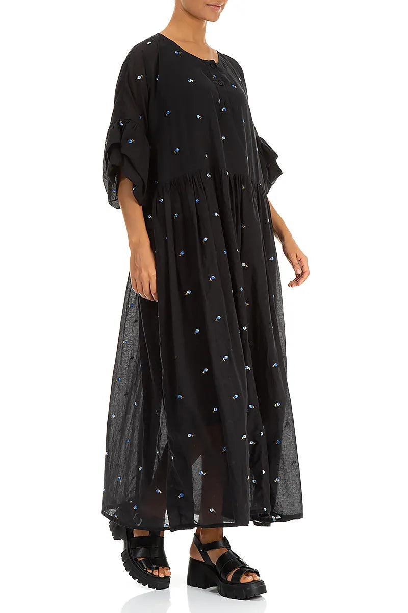 Ruffle Sleeve Black Embroidered Petals Cotton Dress 4